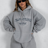 Nukty Letter Print Sweatshirt Vintage Women Hoodies Gray Cotton Warm Fleece Winter Pullovers Autumn New Casual Streetwear Girls
