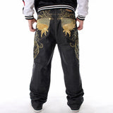 Nukty Mens Jeans Top Rushed Stripe Loose Hip Hop Jeans Men Printed Hiphop Demin Pants Tide Trousers Embroidered Flower Wings