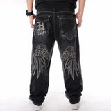 Nukty Mens Jeans Top Rushed Stripe Loose Hip Hop Jeans Men Printed Hiphop Demin Pants Tide Trousers Embroidered Flower Wings