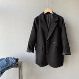 Double Breasted Oversized Black Blazer Women's Spring Autumn Drape Solid Color Loose Suit Jacket Office Lady