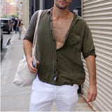 Men Vintage Shirts Autumn Solid Men's Long Sleeve V-neck Casual Beach Shirt Men's Clothing Large Size Chemise Homme