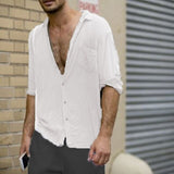 Men Vintage Shirts Autumn Solid Men's Long Sleeve V-neck Casual Beach Shirt Men's Clothing Large Size Chemise Homme