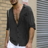 Men Vintage Shirts Autumn Solid Men's Long Sleeve V-neck Casual Beach Shirt Men's Clothing Large Size Chemise Homme