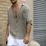 Men Vintage Shirts Autumn Solid Men's Long Sleeve V-neck Casual Beach Shirt Men's Clothing Large Size Chemise Homme