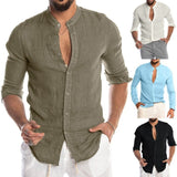 Lugentolo Slim-fit Stand-collar Shirt Mens Long Sleeve Single Breasted Summer Casual Plus Size Linen Men Tops