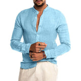 Lugentolo Slim-fit Stand-collar Shirt Mens Long Sleeve Single Breasted Summer Casual Plus Size Linen Men Tops