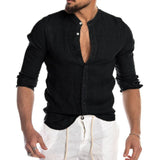 Lugentolo Slim-fit Stand-collar Shirt Mens Long Sleeve Single Breasted Summer Casual Plus Size Linen Men Tops