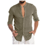 Lugentolo Slim-fit Stand-collar Shirt Mens Long Sleeve Single Breasted Summer Casual Plus Size Linen Men Tops