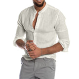 Lugentolo Slim-fit Stand-collar Shirt Mens Long Sleeve Single Breasted Summer Casual Plus Size Linen Men Tops