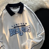 Vintage Polo Collar Oversized Hoodies Women Korean Trendy Autumn Letter Print Sweatshirt Loose Harajuku Top Long Sleeve