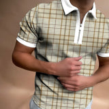 Summer Blue Plaid Men's Streetwear Fashion Patchwork Men Short Sleeve Polo Shirts Casual Turn-down Collar Zipper Quick Dry Tops