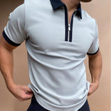 Summer Blue Plaid Men's Streetwear Fashion Patchwork Men Short Sleeve Polo Shirts Casual Turn-down Collar Zipper Quick Dry Tops