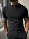 Summer Blue Plaid Men's Streetwear Fashion Patchwork Men Short Sleeve Polo Shirts Casual Turn-down Collar Zipper Quick Dry Tops