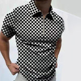 Summer Blue Plaid Men's Streetwear Fashion Patchwork Men Short Sleeve Polo Shirts Casual Turn-down Collar Zipper Quick Dry Tops