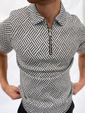 Summer Blue Plaid Men's Streetwear Fashion Patchwork Men Short Sleeve Polo Shirts Casual Turn-down Collar Zipper Quick Dry Tops