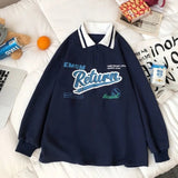 Vintage Polo Collar Oversized Hoodies Women Korean Trendy Autumn Letter Print Sweatshirt Loose Harajuku Top Long Sleeve