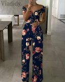 Women's Studded Hollow Ruched Wide Leg Jumpsuit Elegant O-Neck Sleeveless Floral Print Romper Pants Office Lady Casual Wear