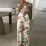 Summer Fashion Overalls Playsuit XL Women Elegant Floral Print Wide Leg Jumpsuit Casual Short Sleeve Romper Bodysuit Office Lady