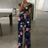 Summer Fashion Overalls Playsuit XL Women Elegant Floral Print Wide Leg Jumpsuit Casual Short Sleeve Romper Bodysuit Office Lady