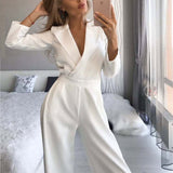 Women Solid Long Sleeve Jumpsuits Notched High Waist Wide Leg Rompers Loose Office Lady's Junpsuit Casual Elegant Summer