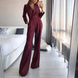 Women Solid Long Sleeve Jumpsuits Notched High Waist Wide Leg Rompers Loose Office Lady's Junpsuit Casual Elegant Summer