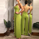 Nukty Sling Backless Slim Waist Women Jumpsuits Sleeveless Wide Leg Pant Solid Elegant Female Jumpsuit Summer Party Lady Rompers