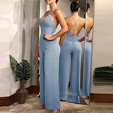 Nukty Sling Backless Slim Waist Women Jumpsuits Sleeveless Wide Leg Pant Solid Elegant Female Jumpsuit Summer Party Lady Rompers