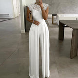 Women Sexy Hollow Out Sleeveless Solid Jumpsuit Summer Elegant Embroidery Lace Loose Beach Overall Office Lady Wide Leg Romper