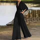 Nukty Summer Wide Leg Jumpsuits Elegant Women V Neck 3/4 Sleeve OL Work Playsuits Loose Oversize Solid Rompers Party Overalls