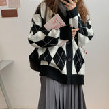 Argyle Cardigan Women Knitted Sweater Loose Single Breasted Students V-neck Lovely Knitwear Korean Oversize Cardigan Winter Tops