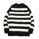 Striped Sweaters Women Punk Unisex Sweater Autumn Hollow Out Hole Broken Jumper Loose Oversized Pullouvers Harajuku Streetwear