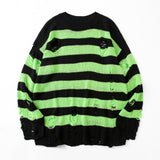 Striped Sweaters Women Punk Unisex Sweater Autumn Hollow Out Hole Broken Jumper Loose Oversized Pullouvers Harajuku Streetwear