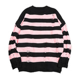 Striped Sweaters Women Punk Unisex Sweater Autumn Hollow Out Hole Broken Jumper Loose Oversized Pullouvers Harajuku Streetwear