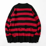 Striped Sweaters Women Punk Unisex Sweater Autumn Hollow Out Hole Broken Jumper Loose Oversized Pullouvers Harajuku Streetwear