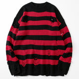 Striped Sweaters Women Punk Unisex Sweater Autumn Hollow Out Hole Broken Jumper Loose Oversized Pullouvers Harajuku Streetwear