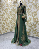 Green Moroccan Kaftan Caftan Muslim Evening Dresses A-line V-neck Long Sleeves Appliques Dubai Arabic Turkey Abaya Islamic Gown