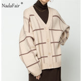 Nadafair Plaid Cardigan Sweater Women Lantern Sleeve Casual Loose Jumper Autumn Winter V Neck Knitted Oversized Cardigan Ladies