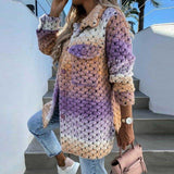 Autumn Winter Women Casual Outerwear Elegant Gradient Long Sleeve Loose Jacket Cardigan Fashion Turn-down Collar Twist Overcoat