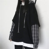 Deeptown Striped Sweatshirt for Women Black Gothic Style Hoodie Patchwork Grunge Long Sleeve Plaid Pullovers Korean Fashion
