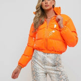 Nukty Y2K Neon Color Women's Down Jacket Long Sleeve Parka Stand Collar Winter Warm Coat Mirror Smooth Zipper Overcoat