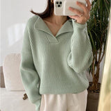 Chic Turn-down Collar Sweater Women Solid Casual Knit Pullover Long Sleeve Autumn Winter Fashion Korean Jumper