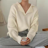 Chic Turn-down Collar Sweater Women Solid Casual Knit Pullover Long Sleeve Autumn Winter Fashion Korean Jumper