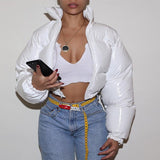 Sisterlinda Faux PU Leather Y2K Bubble Puffer Winter Warm Jacket Women Coats Long Sleeve Outerwear Zipper Casual Slim