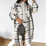 Winter Women Checked Jacket Casual Oversized Turn Down Collar Long Coat Female Thick Warm Woolen Blends Overcoat Streetwear
