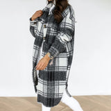 Winter Women Checked Jacket Casual Oversized Turn Down Collar Long Coat Female Thick Warm Woolen Blends Overcoat Streetwear