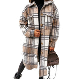 Winter Women Checked Jacket Casual Oversized Turn Down Collar Long Coat Female Thick Warm Woolen Blends Overcoat Streetwear