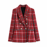 Ardm Coat Women Fashion Double Breasted Check Tweed Blazers Coat Vintage Long Sleeve With Buttons Female Outerwear Chic Top