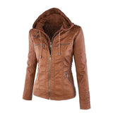 Basic Pu Leather Jacket Women New Stylish Long Sleeve Solid Color Zipper Removable Hooded Female Winter Motorcycle Coat