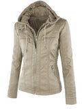 Basic Pu Leather Jacket Women New Stylish Long Sleeve Solid Color Zipper Removable Hooded Female Winter Motorcycle Coat
