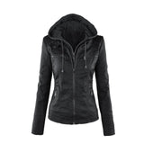 Basic Pu Leather Jacket Women New Stylish Long Sleeve Solid Color Zipper Removable Hooded Female Winter Motorcycle Coat